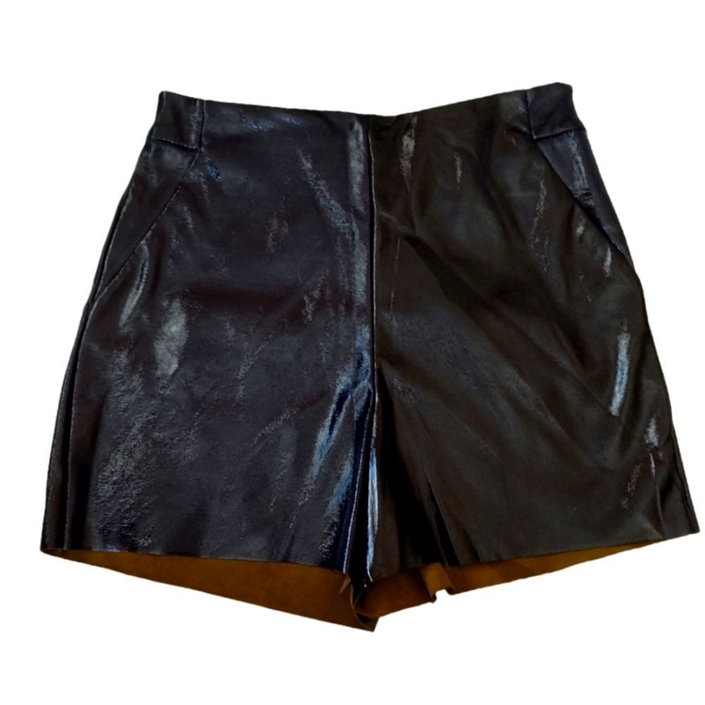 Zara Vinyl High Waisted Vinyl Shorts Dark Navy Blue Pockets Faux Suede I…